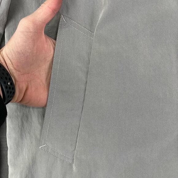 Theory Trench Coat PERKIN Mens Large Grey Long Military Style Nylon Blend Rain - Picture 5 of 15